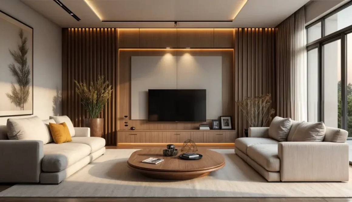 Luxurious minimalist living room with warm wood paneling, designer sofas, and ambient lighting - a perfect example of 2025's warm minimalism design trend