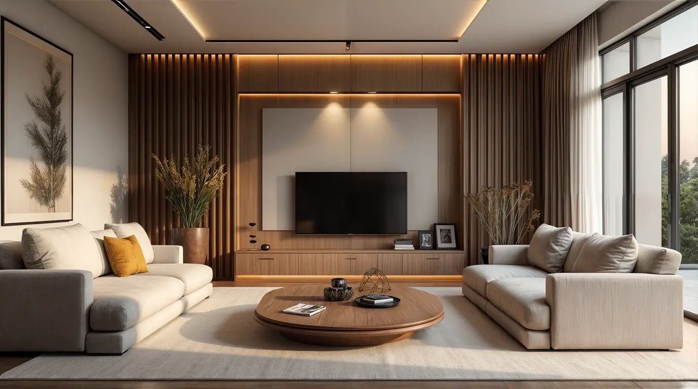 Luxurious minimalist living room with warm wood paneling, designer sofas, and ambient lighting - a perfect example of 2025's warm minimalism design trend