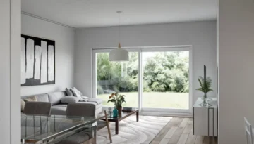 Serene living space with floor-to-ceiling windows, abstract art, and glass dining table overlooking garden