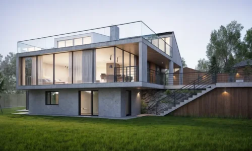 Modern concrete villa featuring floor-to-ceiling windows, terraced levels, and landscaped garden