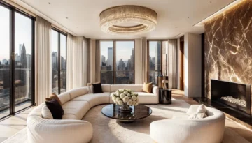 Contemporary living room featuring curved white sofas, crystal chandelier, and backlit marble accent wall