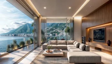Contemporary living room with expansive sectional sofa and wood-paneled media wall overlooking Mediterranean