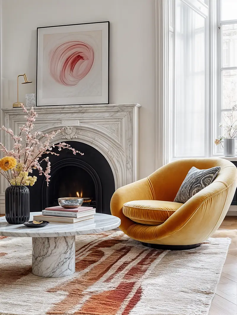 A bold yellow velvet chair and artistic as a minimalist design trend