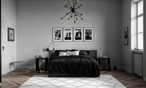 Minimalist black and white bedroom with Sputnik chandelier and vintage sports photography gallery wall