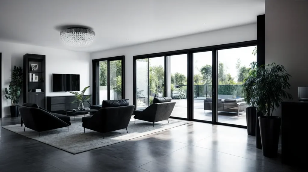 Elegant living room with crystal chandelier, black furnishings, and wall-length doors