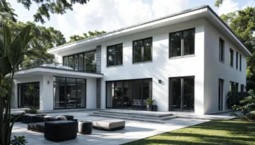 Contemporary white villa with expansive glass facades and luxury outdoor lounge area