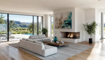 Minimalist living room with corner fireplace and sliding glass doors overlooking mountain pool terrace