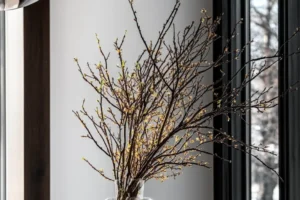 A close-up photograph of an elegant glass vase with delicate branches inside, placed on a marble countertop