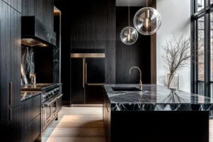 Luxurious dark kitchen featuring black marble countertops, wood veneer cabinetry, and glass globe pendants with brass accents