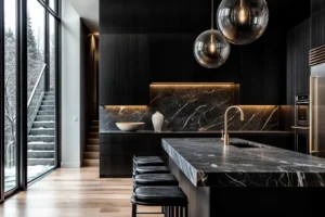 Modern black kitchen with backlit marble backsplash, winter window views, and floating island with leather bar stools