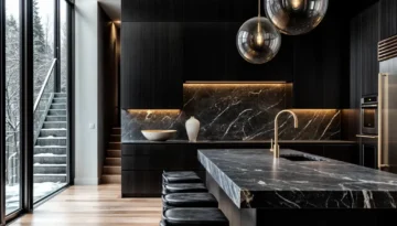 Modern black kitchen with backlit marble backsplash, winter window views, and floating island with leather bar stools
