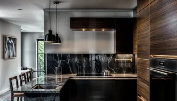 Modern kitchen featuring black marble countertops with white veining, wood veneer cabinetry, and industrial pendant lights