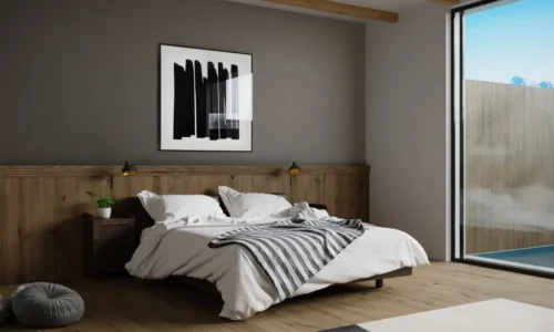 Minimalist bedroom with oak wall paneling, exposed beams, and black and white abstract art