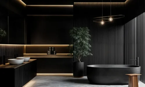 Dramatic black bathroom featuring freestanding tub, ribbed walls, and architectural lighting