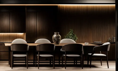 Intimate dining space with wood paneling, ambient lighting, and modern furnishings