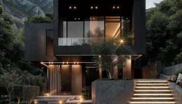 Modern black villa with illuminated entrance and floating upper level against mountain backdrop at dusk