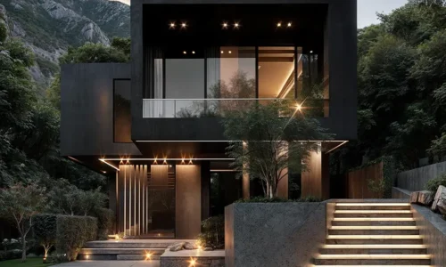 Modern black villa with illuminated entrance and floating upper level against mountain backdrop at dusk