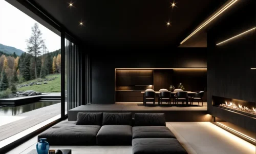 Minimalist dark living room with linear fireplace and floor-to-ceiling windows overlooking mountain landscape