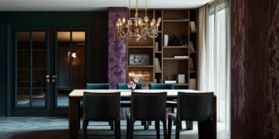Dramatic dining room with teal walls, brass chandelier, and purple textured accents
