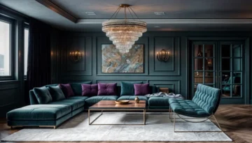 Luxurious teal living room featuring crystal chandelier, velvet sectional, and brass-framed furniture