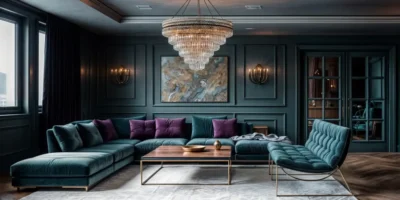 Luxurious teal living room featuring crystal chandelier, velvet sectional, and brass-framed furniture