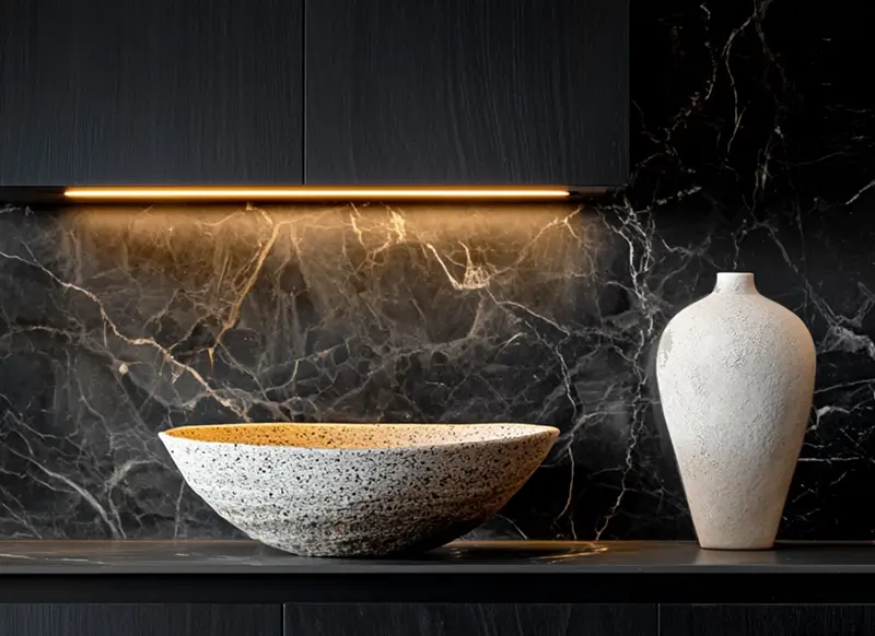 Minimalist luxury decor featuring a textured stone bowl and ceramic vase against dramatic black marble, accented by warm gold lighting
