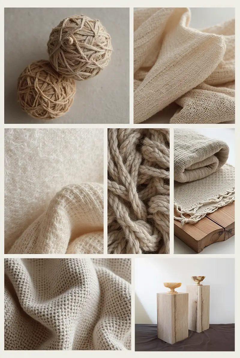 Minimalist design trends collage: neutral textiles, natural fibers, and organic materials