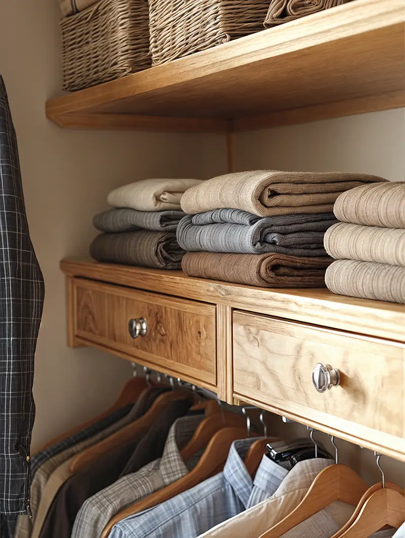 Minimalist closet organization featuring neatly folded linens in neutral tones on custom wooden shelving