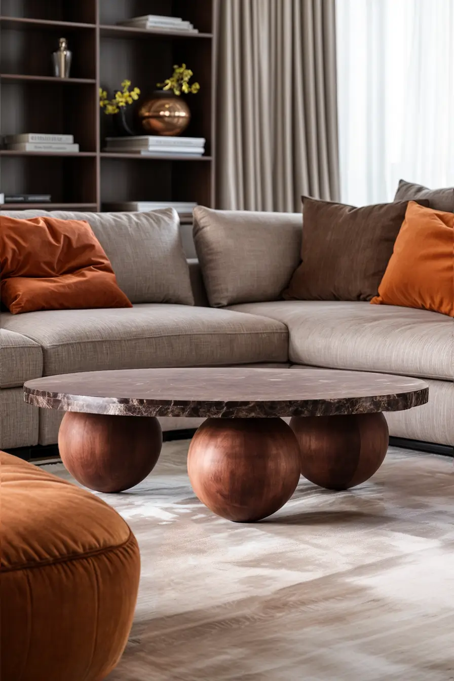 Luxury minimalist coffee table featuring dark marble top balanced on wooden spherical bases, surrounded by neutral sectional sofa with burnt orange accent pillows