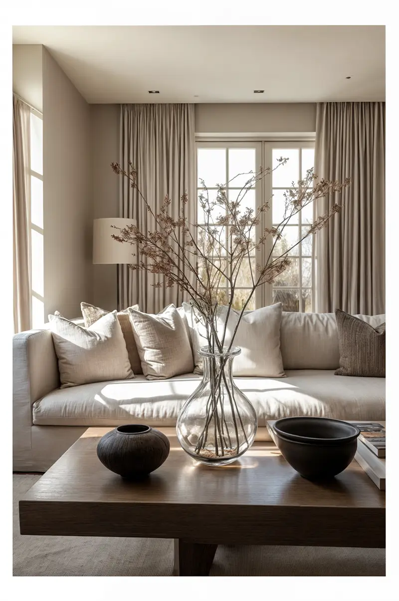 "Serene neutral living room with cream sofa, wooden coffee table, glass vase with dried branches, and natural light flowing through large windows with floor-length curtains