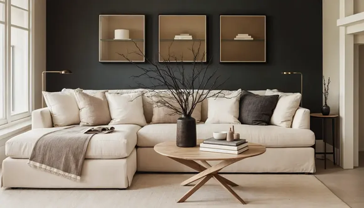 Luxury minimalist living room with cream sectional sofa, dark accent wall, wooden coffee table, and minimalist decor