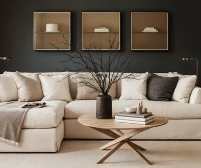 Luxury minimalist living room with cream sectional sofa, dark accent wall, wooden coffee table, and minimalist decor
