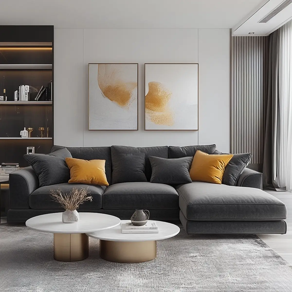  Minimalist luxury living room with charcoal gray sectional, mustard yellow accent pillows, gold abstract artwork, and modern round coffee tables