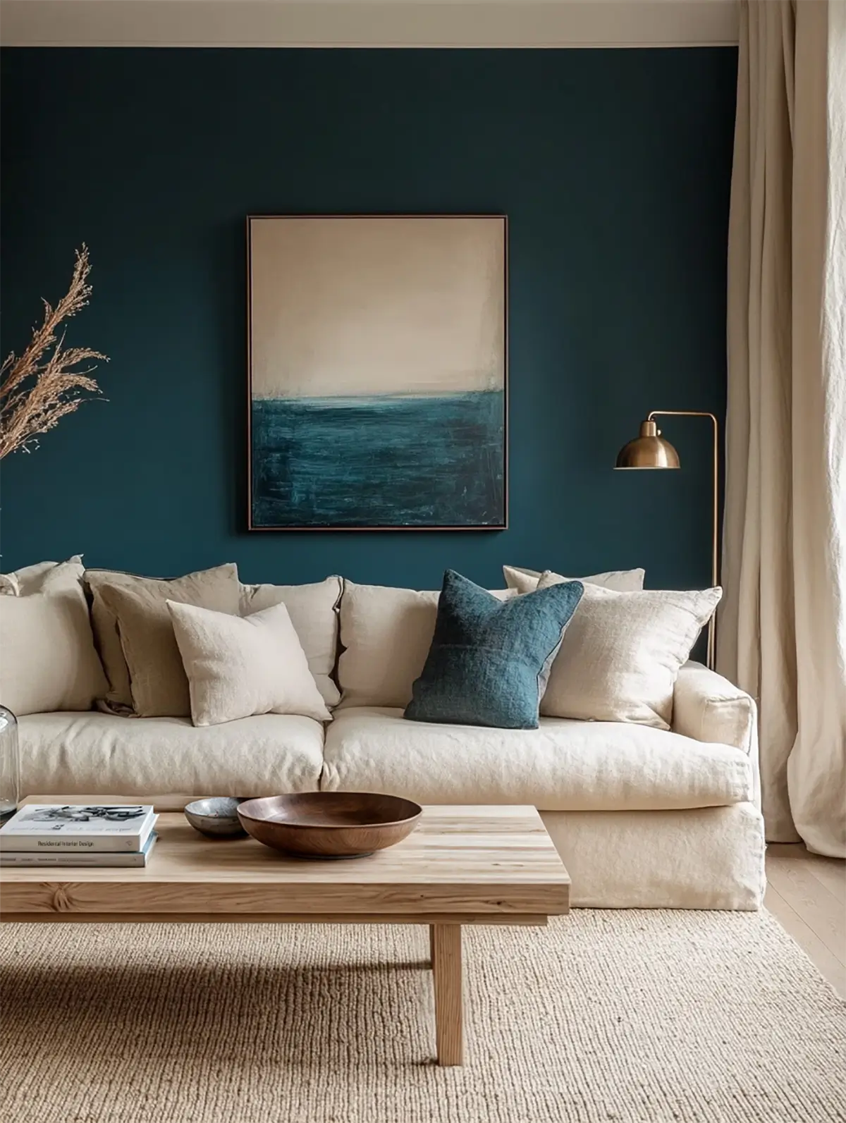  Minimalist luxury living room with teal accent wall, cream sofa, abstract seascape artwork, wooden coffee table, and brass floor lamp