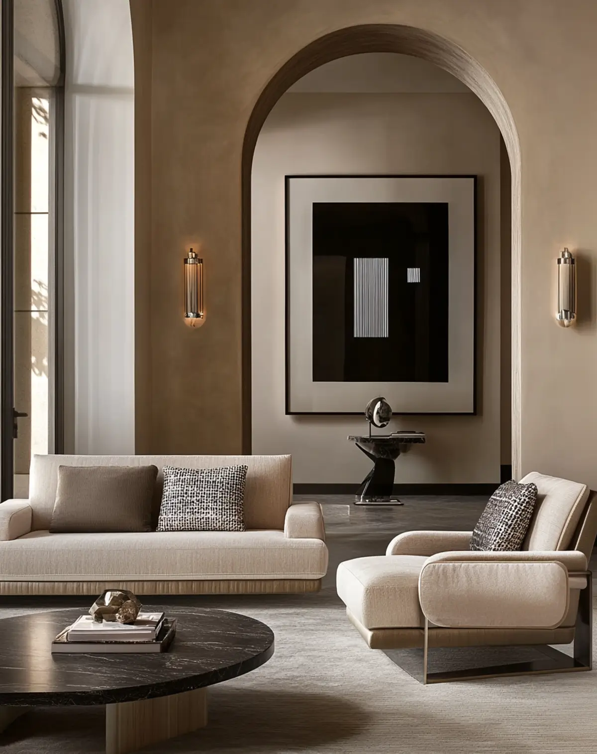 Minimalist Luxury living room with arched entryway, cream upholstered furniture, black marble coffee table, minimalist artwork, and brass wall sconces featuring neutral tones and sophisticated architectural details