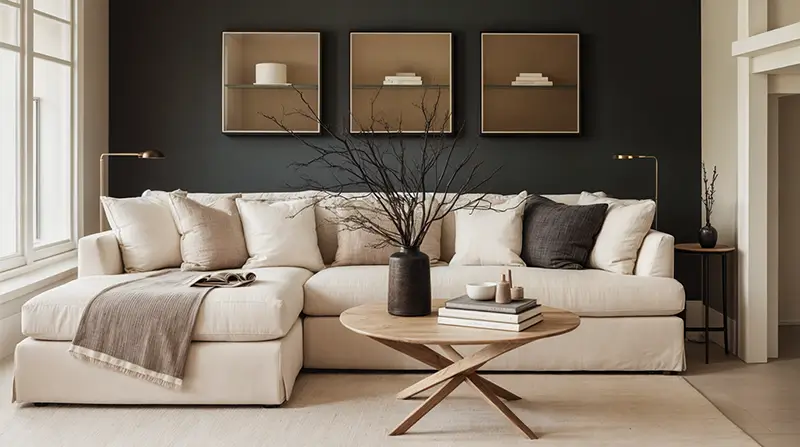 Luxury minimalist living room with cream sectional sofa, dark accent wall, wooden coffee table, and minimalist decor