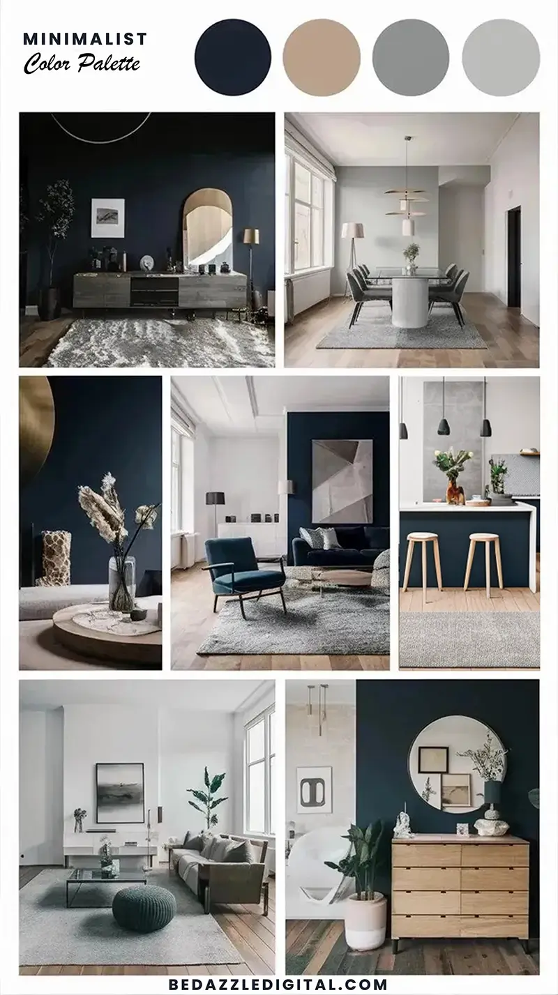 Minimalist color palette featuring navy, taupe, and gray tones with interior design examples showing living spaces, dining room, and bedroom applications