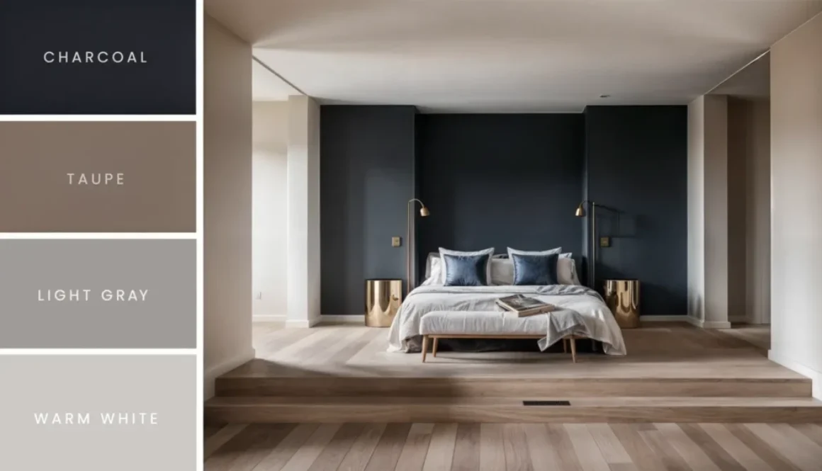 Modern bedroom with charcoal accent wall, neutral minimalist color palette, and gold accents featuring taupe, light gray, and warm white color swatches