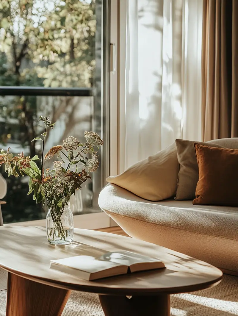 Cozy reading nook with cream sofa, natural light streaming through windows, wildflowers in glass vase, and wooden coffee table with open book