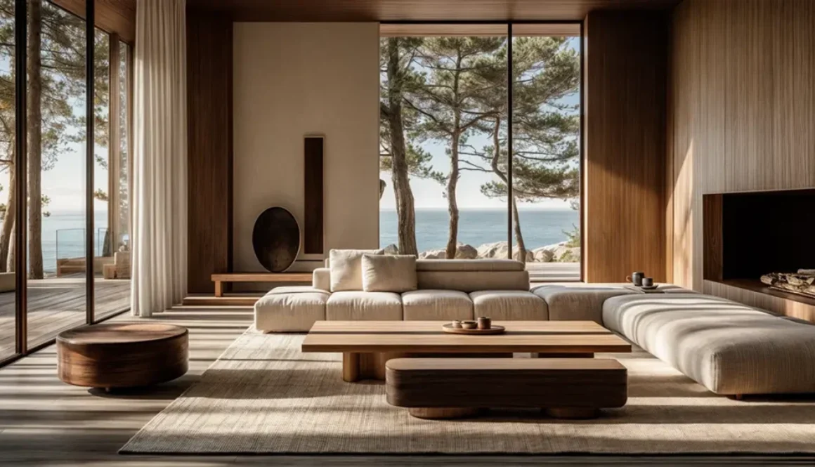 Luxurious warm minimalist living room featuring natural wood walls, textured neutral upholstery, and expansive ocean views