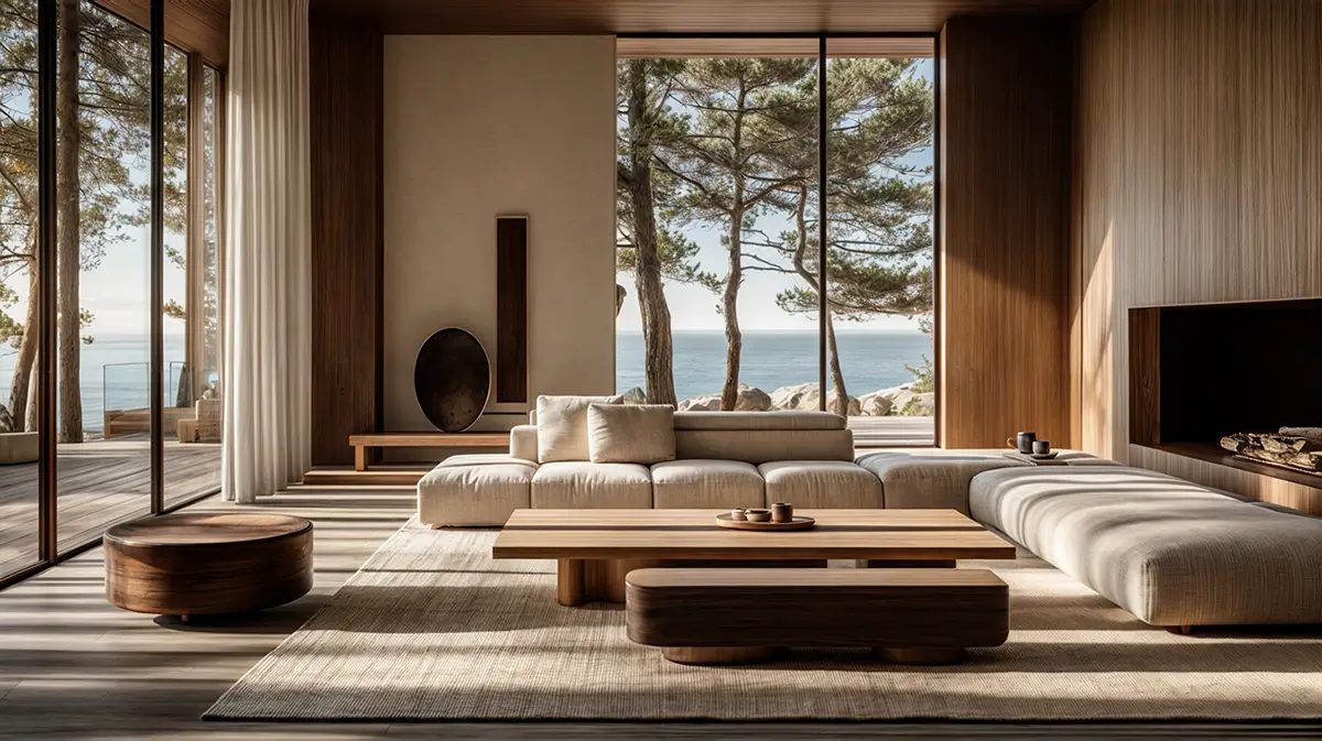 Luxurious warm minimalist living room featuring natural wood walls, textured neutral upholstery, and expansive ocean views