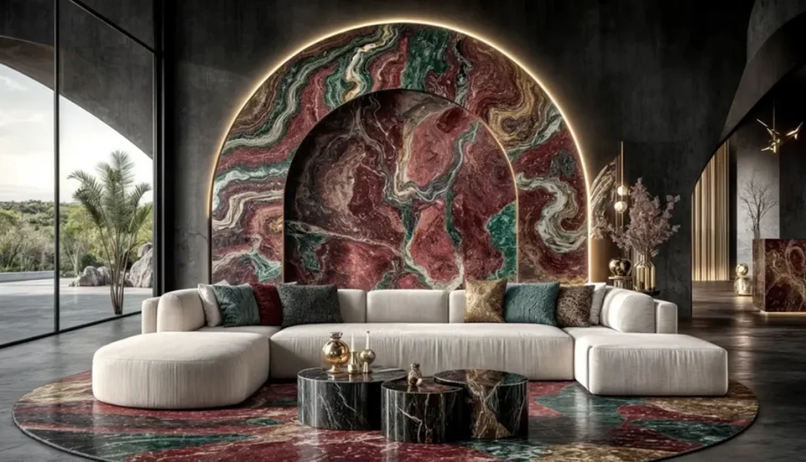 Dramatic luxury living room idea featuring backlit marble focal wall, curved sectional, and rich jewel tones