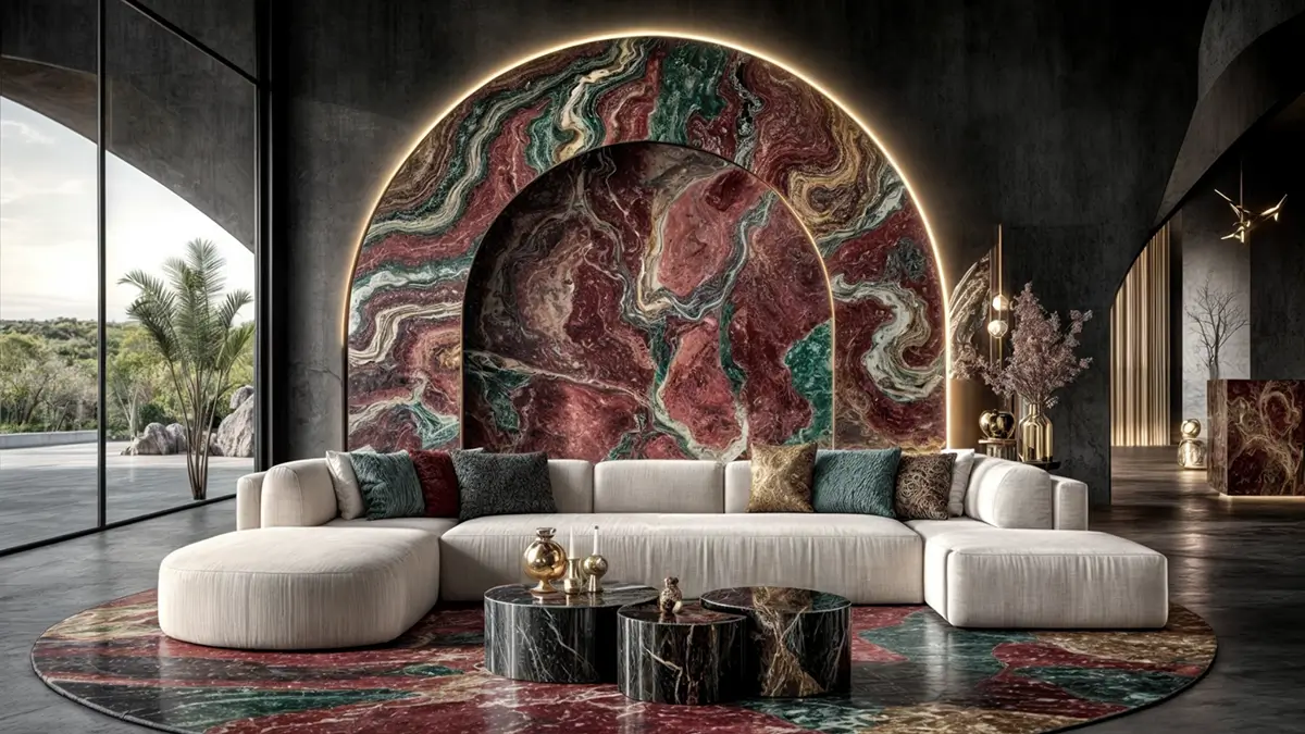 Dramatic luxury living room idea featuring backlit marble focal wall, curved sectional, and rich jewel tones