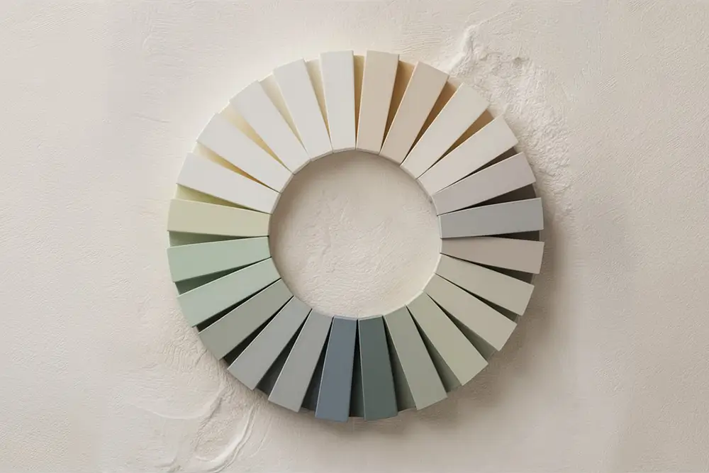"Circular arrangement of paint samples showing gradient of neutral whites, creams, and soft grays on textured wall surface