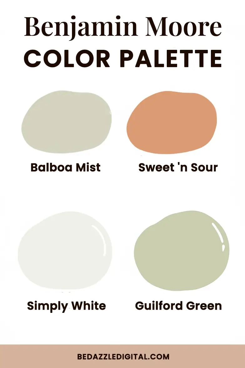 Warm minimalist color palette featuring Benjamin Moore paint colors: Balboa Mist, Sweet 'n Sour, Simply White, and Guilford Green