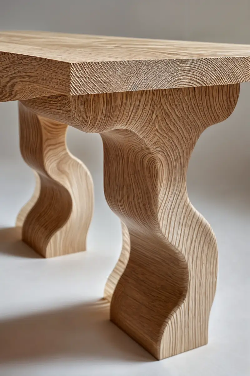 Sculptural curved seating in soft boucle fabric paired with warm wood furnishings