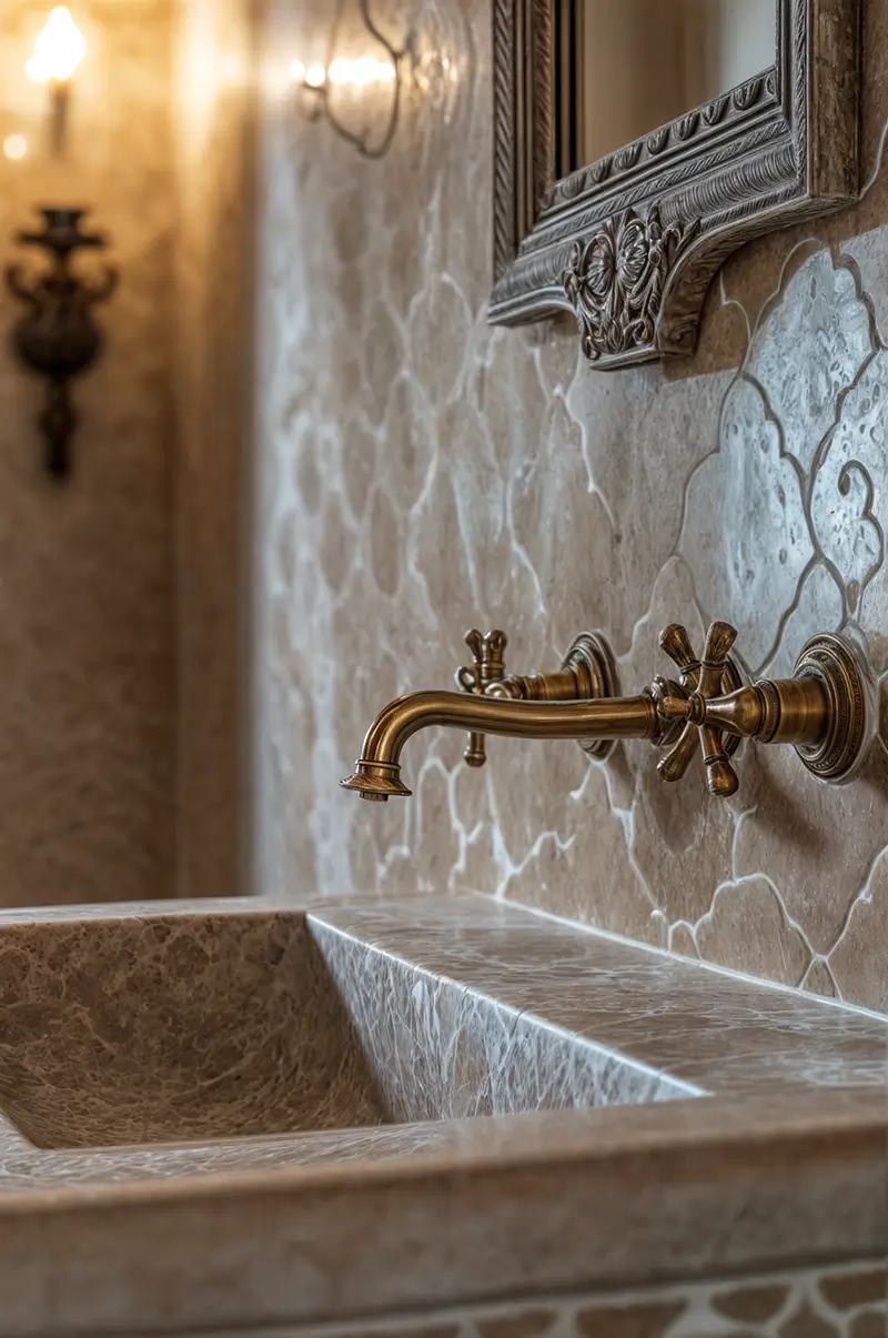 Elegant bathroom detail featuring brushed brass fixtures against textured neutral stone