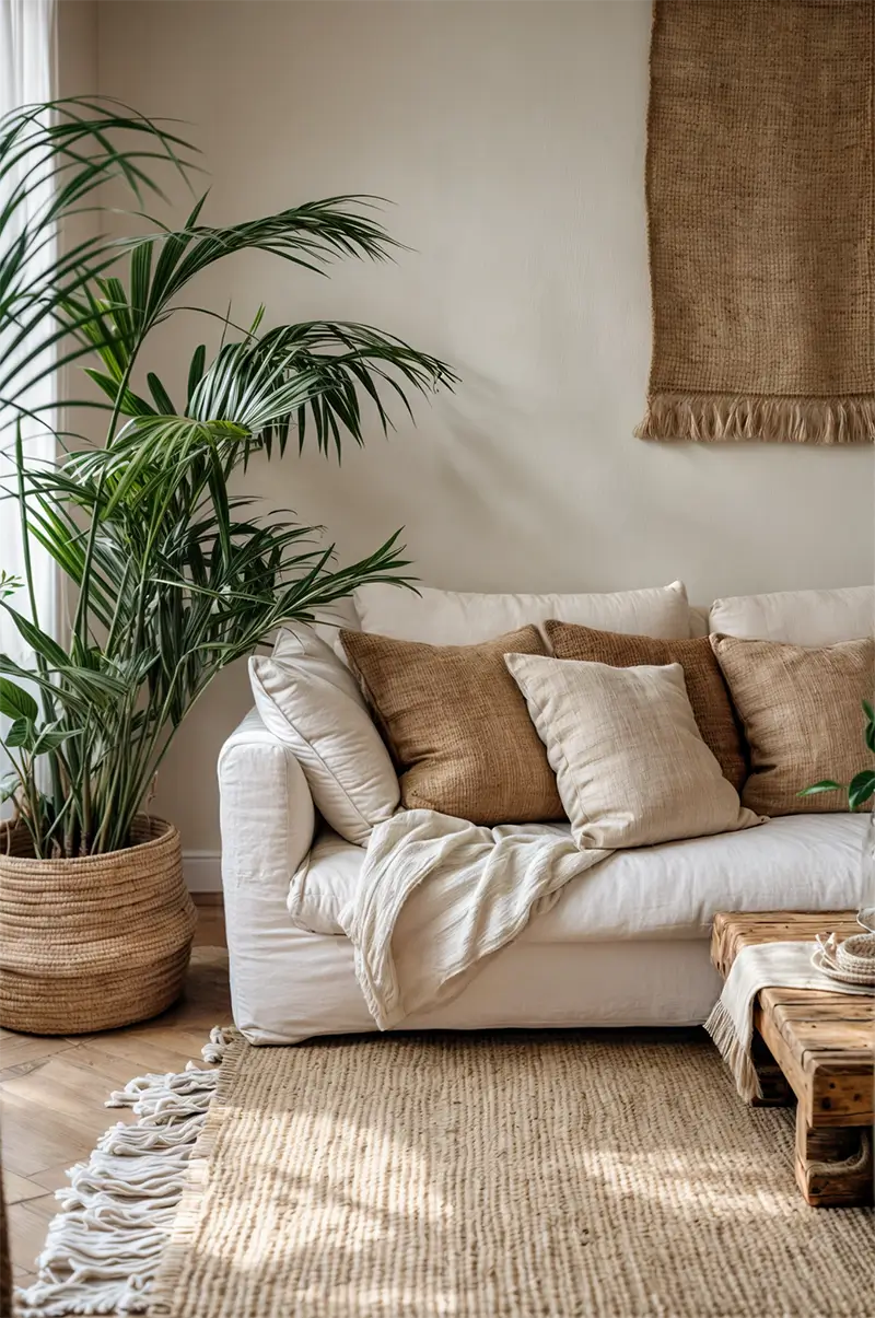 Warm minimalist living room featuring a white sofa with textured beige cushions, a large palm plant in a woven basket, and natural jute rug creating a serene atmosphere.