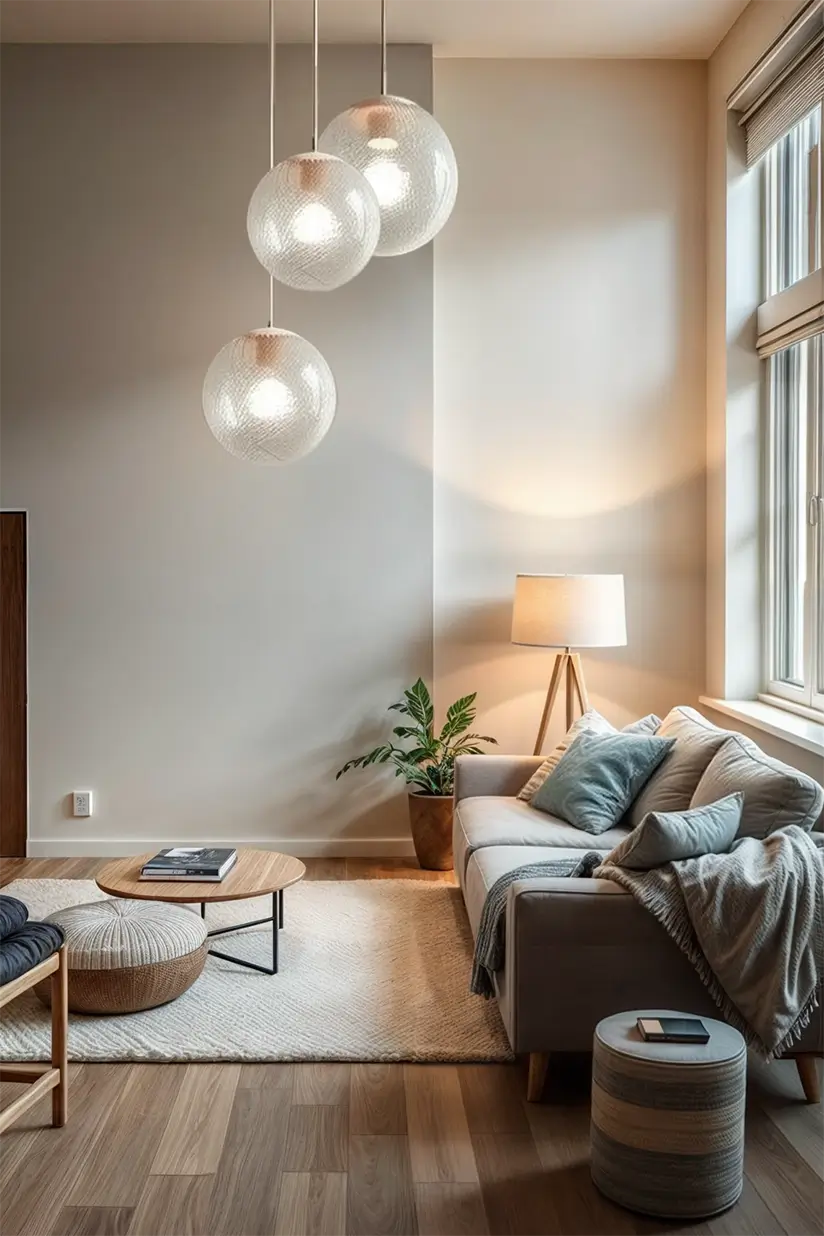 Warm minimalist living room with three glass pendant lights, beige sofa, wooden coffee table, and large windows creating a bright, airy space.