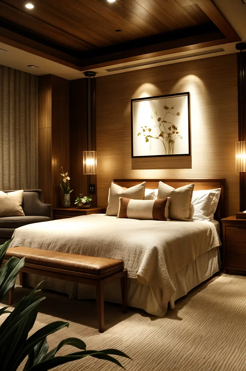 Elegant warm minimalist bedroom featuring oak wall paneling, platform bed with layered neutral bedding, artwork in earth tones, and sophisticated lighting creating a luxurious retreat.